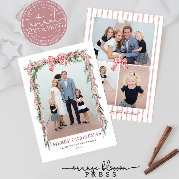Photo Christmas Card Template, Red Wreath Garland Bow, Grandmillenial, Personalized, Digital or Printed Options, Instant Edit & Download