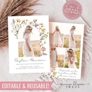 May include: A baptism invitation featuring a young girl in a white dress and floral crown. The invitation includes the name "Payton Hansen", event details, and the text "Editable & Reusable!" with floral accents.