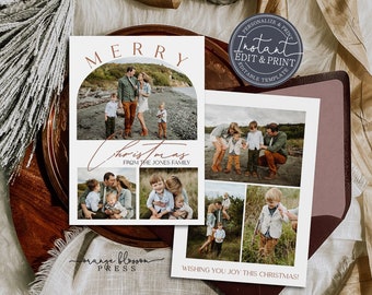 Photo Christmas Card Template, Modern Arch Shape Holiday Card, Personalized, Digital or Printed Options, Instant Edit & Download