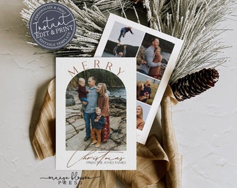 Photo Christmas Card Template, Merry Arch Shape Holiday Card, Personalized, Digital or Printed Options, Instant Edit & Download