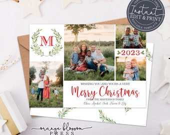 Monogram Photo Christmas Card Template, Watercolor Wreath, 5 Photos Holiday Card, Branches, Digital or Printed, Instant Edit & Download