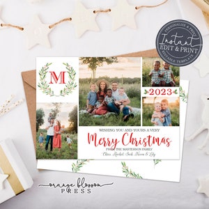 Monogram Photo Christmas Card Template, Watercolor Wreath, 5 Photos Holiday Card, Branches, Digital or Printed, Instant Edit & Download