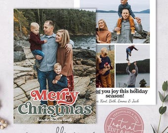 Boho Photo Christmas Card Template, Custom Holiday, Vintage Retro Font, Personalized, Digital or Printed Options, Instant Edit & Download