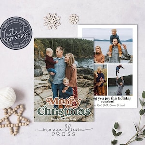 Boho Photo Christmas Card Template, Custom Holiday, Vintage Retro Font, Personalized, Digital or Printed Options, Instant Edit & Download