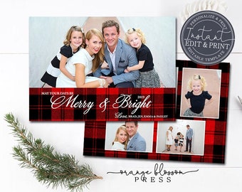 Buffalo Plaid Christmas Card, Photo Christmas Card, Holiday Card, Red and Black, Personalized, Digital or Printed, Instant Edit & Download