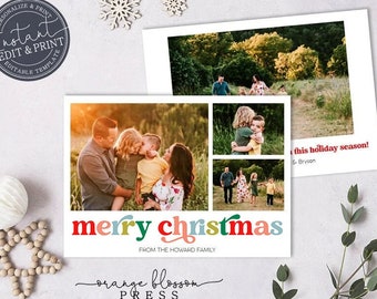 Photo Christmas Card Template, Custom Holiday Card, Colorful Retro Font, Personalized, Digital or Printed Options, Instant Edit & Download