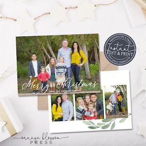 Photo Christmas Card, Watercolor Holiday Card, White, Branches, Full Photo, Printable Digital Download or Printed, Instant Edit & Download