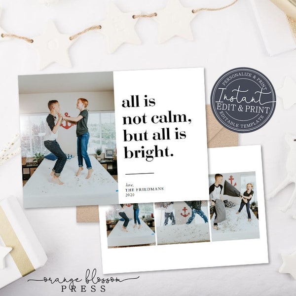 All is Not Calm Christmas Card Template, Funny Holiday Card, Clean Simple, Collage, Personalized, Digital/Printed, Instant Edit & Download
