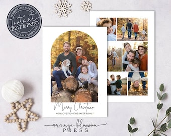 Photo Christmas Card, Custom Holiday Card, Modern Arch Boho, DIY, Personalized, Digital or Printed Options, Instant Edit & Download