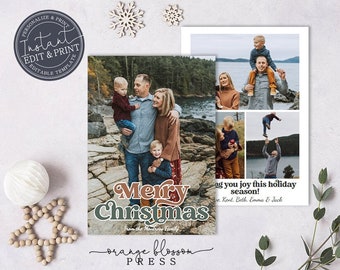 Boho Photo Christmas Card Template, Custom Holiday, Vintage Retro Font, Personalized, Digital or Printed Options, Instant Edit & Download