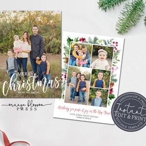 Photo Christmas Card Template, Holiday, Full Photo, Collage, Watercolor Branches, Personalized, Digital or Printed, Instant Edit & Download