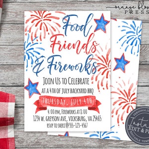 4th of July Invitation, Fourth of July Celebration, BBQ Fireworks, Neighborhood Block Party, Personalized Editable, Instant Edit & Download