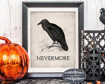 Könnte beinhalten: Schwarz-weiß-Illustration eines Rabens mit dem darunter gedruckten Text "Nevermore". Das Bild ist in einem schwarzen Rahmen gerahmt und hat einen weißen Passepartout.