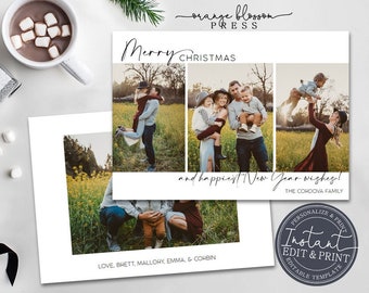 Modern Photo Christmas Card, Holiday Card, Clean Simple, Collage, Personalized, Digital or Printed Options, Instant Edit & Download