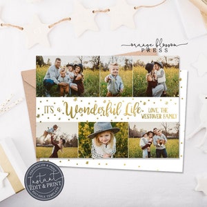 Wonderful Life Photo Christmas Card, Holiday Card, Faux Gold Foil, White, Collage, Personalized, Digital or Printed, Instant Edit & Download