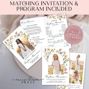 May include: A set of baptism invitations and programs. The design features floral accents and includes the text "MATCHING INVITATION & PROGRAM INCLUDED". The invitations include the name "Payton Hansen" and event details. The design is a printable template.