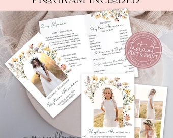 Puede incluir: Un conjunto de invitaciones y programas de bautizo. El diseño presenta detalles florales y el texto "MATCHING INVITATION & PROGRAM INCLUDED". Las invitaciones incluyen el nombre "Payton Hansen" y detalles del evento. Plantilla imprimible.