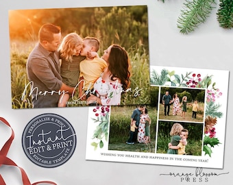 Photo Christmas Card, Holiday Card, Wide Full Photo, Collage, Watercolor Branches, Personalized, Digital or Printed, Instant Edit & Download
