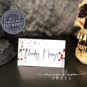 Bloody Tent Cards, Blood Spatter Place Cards, Scary, Halloween Party, Editable, Reusable, Personalized Printable, Instant Edit & Download H1