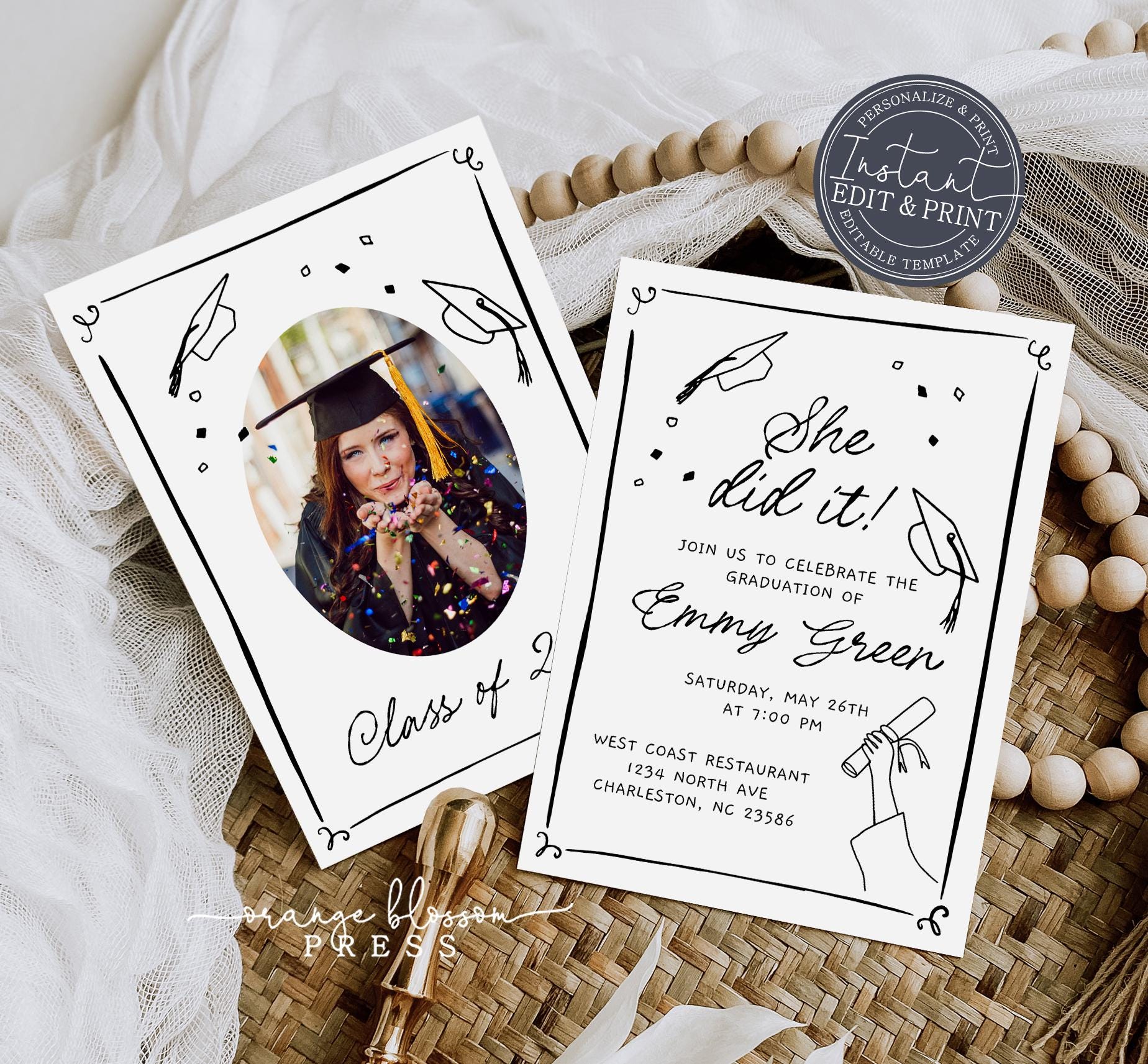 She Did It Graduation Party Invitation, Whimsical Sketch Photo Grad, Doodle  Hand Drawn, Digital or Printed, Instant Edit & Download - Etsy