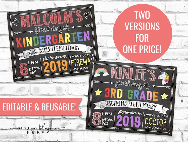 Chalkboard Back to School Sign Last Day of School Sign - pic shows a kindergarten sign and a 3rd grade sign