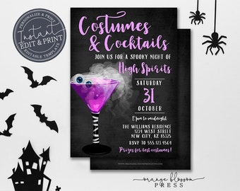 May include: A black and white Halloween party invitation with a purple cocktail with googly eyes. The text reads "Costumes & Cocktails" and "Join us for a spooky night of High Spirits". The date is Saturday, October 31st, from 8 pm to midnight. The location is The Williams Residence, 1234 West Street, New City, AZ 85325. RSVP to 555.123.4564. Prizes for best costumes! www.orangebloompress.etsy.com