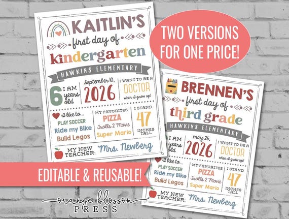 Back to School Sign, Boho White Background, First & Last Day, Editable, Reusable, Boy or Girl, 3 Sizes, Printable, Instant Edit+Download S01