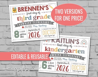 Back to School Sign, Boho White Background, First & Last Day, Editable, Reusable, Boy or Girl, 3 Sizes, Printable, Instant Edit/Download S01