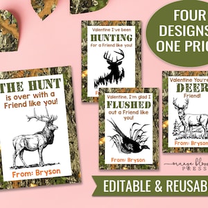 Jagd Valentinskarten, Editierbare Elch Hirsch Fasan Valentines, Camo, personalisiert, druckbar, wiederverwendbar, benutzerdefinierte, Instant Edit/Download