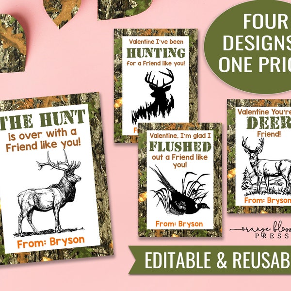 Hunting Valentine Cards, Editable Elk Deer Pheasant Valentines, Camo, Personalized, Printable, Reusable, Custom, Instant Edit/Download