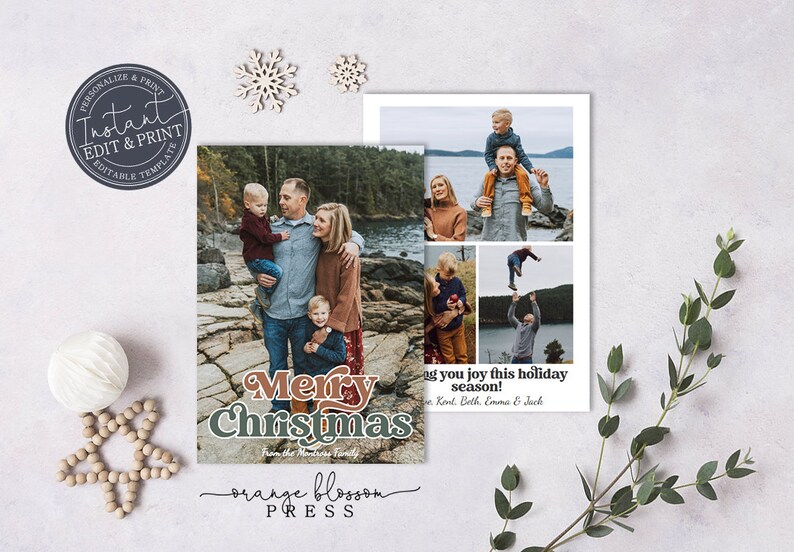 Photo Christmas Card Template, Custom Holiday Card, Vintage Retro Font, Personalized, Digital or Printed Options, Instant Edit & Download image 3