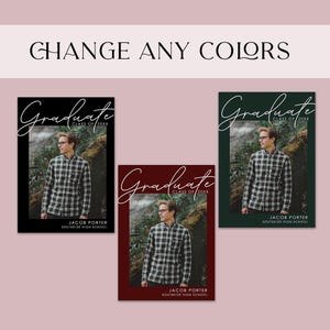 May include: Three graduation announcements with a photo of a person wearing glasses and a plaid shirt. The announcements are in black, burgundy, and dark green frames. The text reads "Graduate, Class of 20XX" and "Jacob Porter, Southside High School."