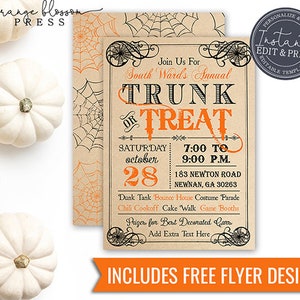 Halloween Trunk or Treat Invitation, Halloween Flyer and Poster, Neighborhood Church Trunk or Treat, Custom Editable Instant Edit & Download