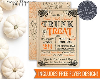 Halloween Trunk or Treat Invitation, Halloween Flyer and Poster, Neighborhood Church Trunk or Treat, Custom Editable Instant Edit & Download