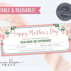 Plantilla de certificado de regalo del día de la madre, cupón de experiencia de evento, regalo de mamá, imprimible, reutilizable, personalizado, editable, edición/descarga instantánea