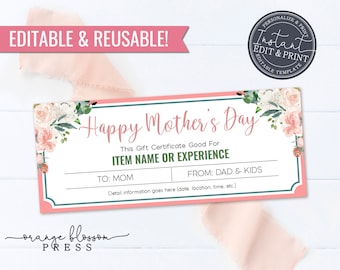 Modello di buono regalo per la festa della mamma, coupon per un'esperienza evento, regalo per la mamma, stampabile, riutilizzabile, personalizzabile, modificabile, modifica/download immediato
