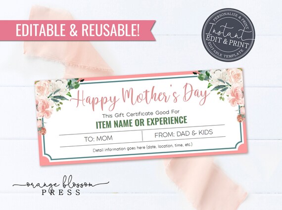 Mother's Day Gift Certificate Template, Event Experience Coupon, Mom Present, Printable, Reusable, Custom, Editable, Instant Edit/Download