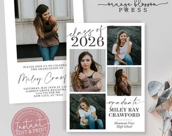 Graduation Announcement, Grad Invitation, Simple Modern Clean, Photo Collage Graduation Party, Digital or Printed, Instant Edit & Download