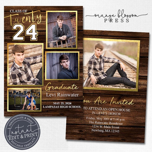 Dark Wood Rustic Graduation Invitation, Personalized Photo Graduation Announcement, Country Graduation, 5 Photos, Instant Edit & Download