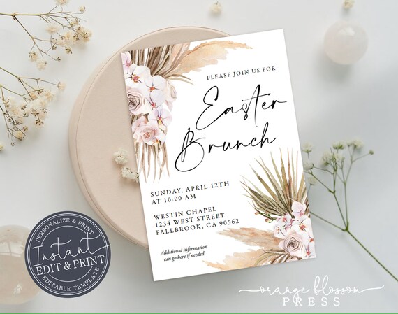 Boho Easter Brunch Invitation, Easter Party Celebration, Palm, Church, Neighborhood, Personalized, Editable, Evite, Instant Edit & Download