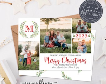 Monogram Photo Christmas Card Template, Watercolor Wreath, 5 Photos Holiday Card, Branches, Digital or Printed, Instant Edit & Download
