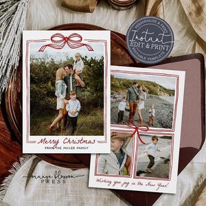 Photo Christmas Card Template, Hand Drawn Bow, Doodle, Whimsical Sketch, Personalized, Digital or Printed Options, Instant Edit & Download