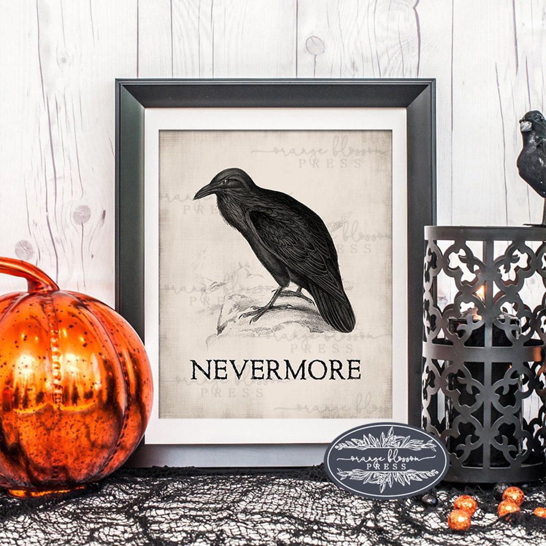 Raven Printable, Halloween Wall Art, Nevermore Sign, Poe Quote, Vintage ...