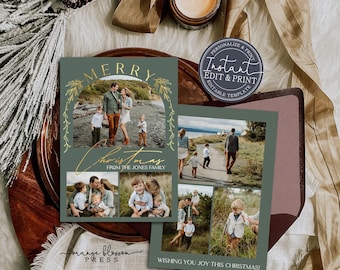 May include: Two rectangular Christmas photo cards with sage green borders and gold text. The cards feature multiple family photographs, including outdoor scenes of adults and children. The text reads Merry Christmas from the Jones Family and Wishing You Joy This Christmas.