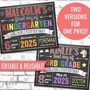 Chalkboard Back to School Sign, First or Last Day, Editable and Reusable, Boy or Girl, Personalized Printable, Instant Edit & Download, S01