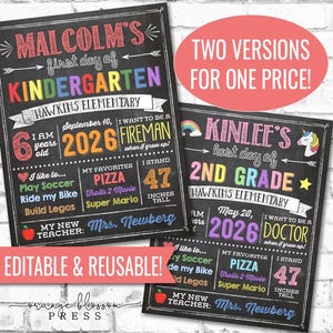 Puede incluir: Dos letreros estilo pizarra con texto colorido. Uno dice "Malcolm's first day of Kindergarten" y el otro dice "Kinlee's last day of 2nd Grade". Ambos incluyen detalles personales como edad, favoritos y nombre del maestro.