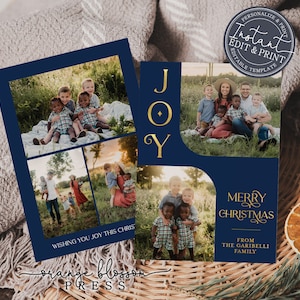 Photo Christmas Card, Modern Holiday Card Template, Navy Blue Gold Foil, Personalized, Digital or Printed Options, Instant Edit & Download