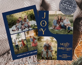 Photo Christmas Card, Modern Holiday Card Template, Navy Blue Gold Foil, Personalized, Digital or Printed Options, Instant Edit & Download