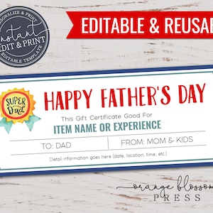 Plantilla de certificado de regalo del día del padre, cupón de experiencia de evento, regalo de papá, imprimible, reutilizable, personalizado, editable, edición/descarga instantánea