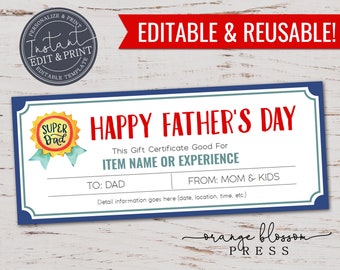 Modello di certificato regalo per la festa del papà, coupon esperienza evento, papà presente, stampabile, riutilizzabile, personalizzato, modificabile, modifica/download istantaneo